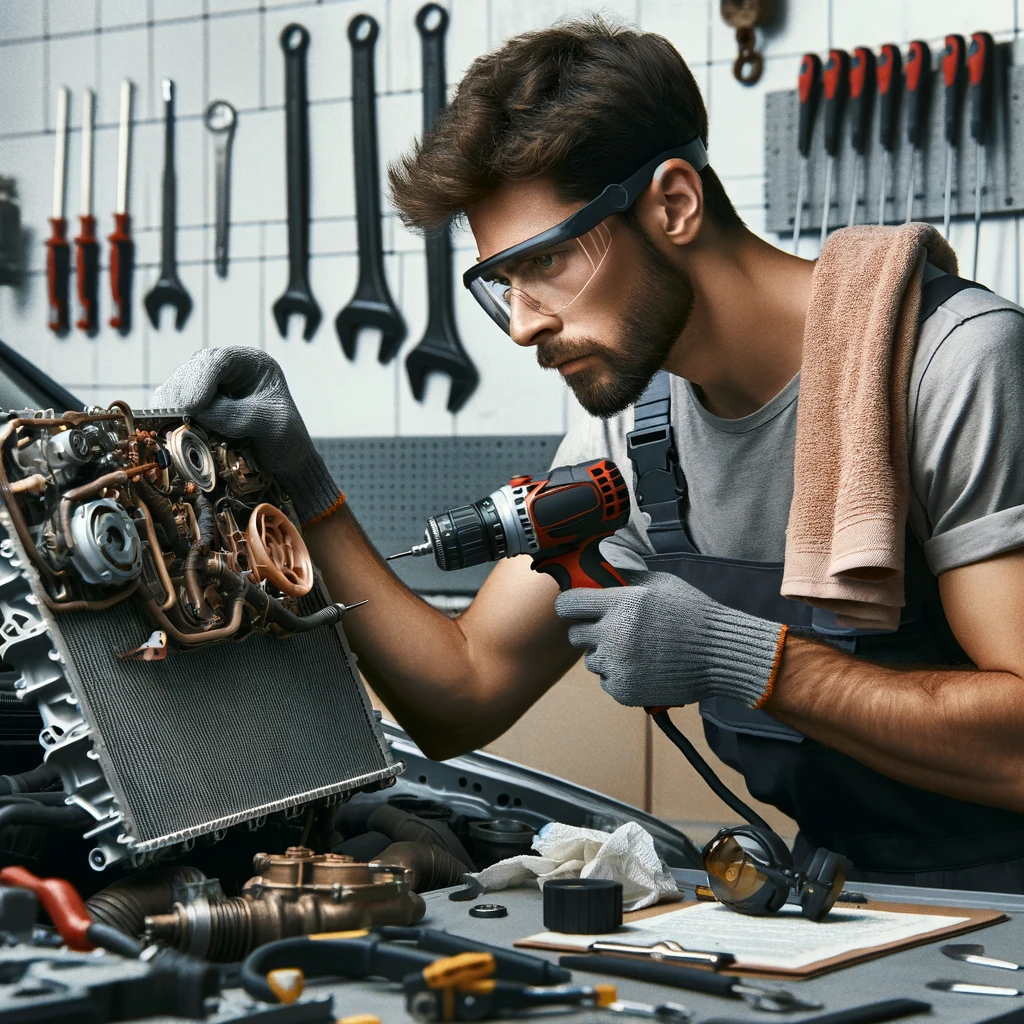 Ilustra um técnico automotivo examinando cuidadosamente o sistema de arrefecimento, ressaltando a importância de manter esse sistema em bom estado.