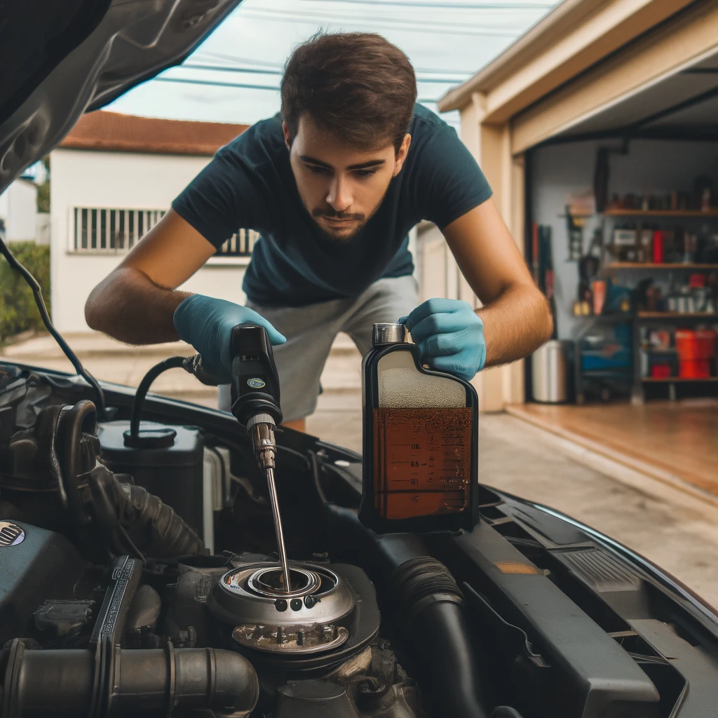 Uma imagem mostra uma pessoa verificando o nível de óleo do motor de um carro, enfatizando a importância dessa ação na manutenção preventiva.