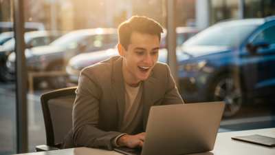 A person excitedly discovering incredible car deals on a laptop, with a showroom of cars in the background
