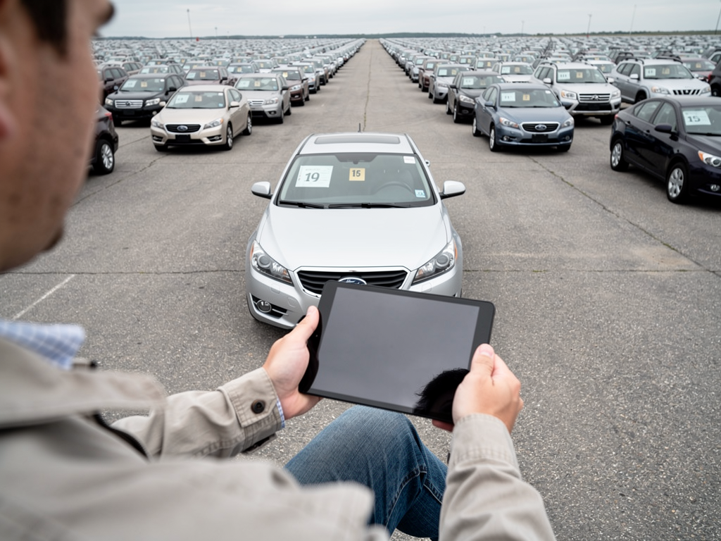 A person browsing vehicle listings on a tablet while sitting among rows of parked auction cars