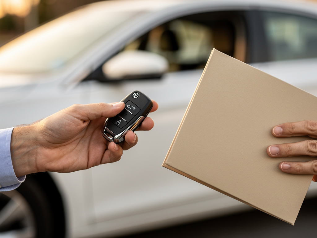 Close-up of hands holding car keys and a document folder, symbolizing a successful auction purchase