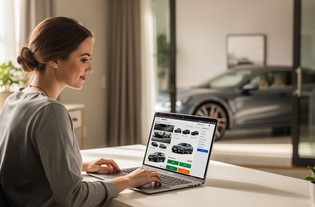 Uma mulher pensativa olhando para um carro em um leilão online, simbolizando a realização de um sonho acessível.