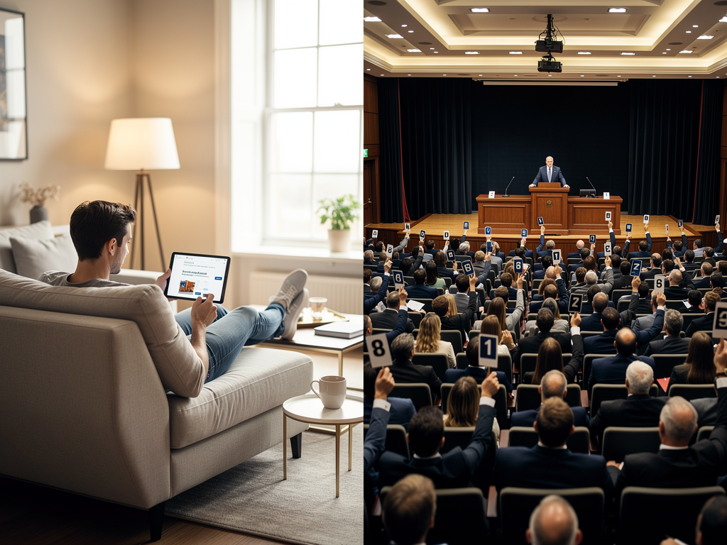 Comparação visual entre a conveniência de um leilão online e a rigidez de um leilão tradicional.