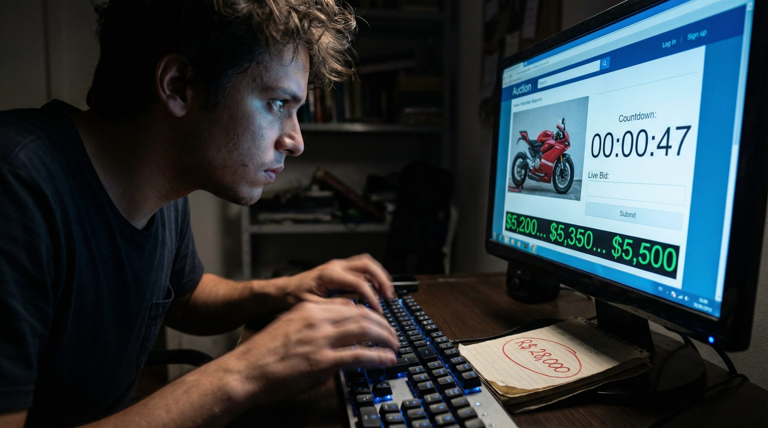 Pessoa concentrada dando lances nos segundos finais de um leilão online de motos com cronômetro na tela