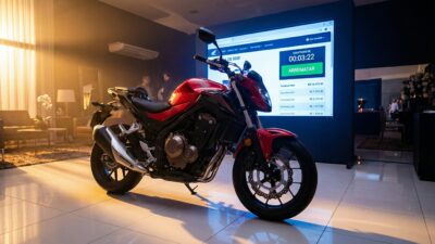 Moto esportiva vermelha em destaque com tela de leilão online e cronômetro ao fundo