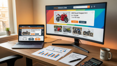 Monitor e laptop exibindo diferentes plataformas de leilão de motos com tabelas comparativas e gráficos de preços