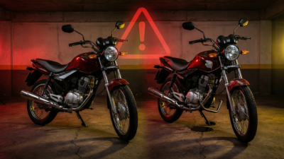 Moto Honda CG em garagem com sinais de problemas ocultos como vazamento de óleo chassi danificado e triângulo de alerta vermelho