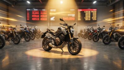 Moto esportiva em destaque em ambiente de leilão com painéis de preços ao fundo