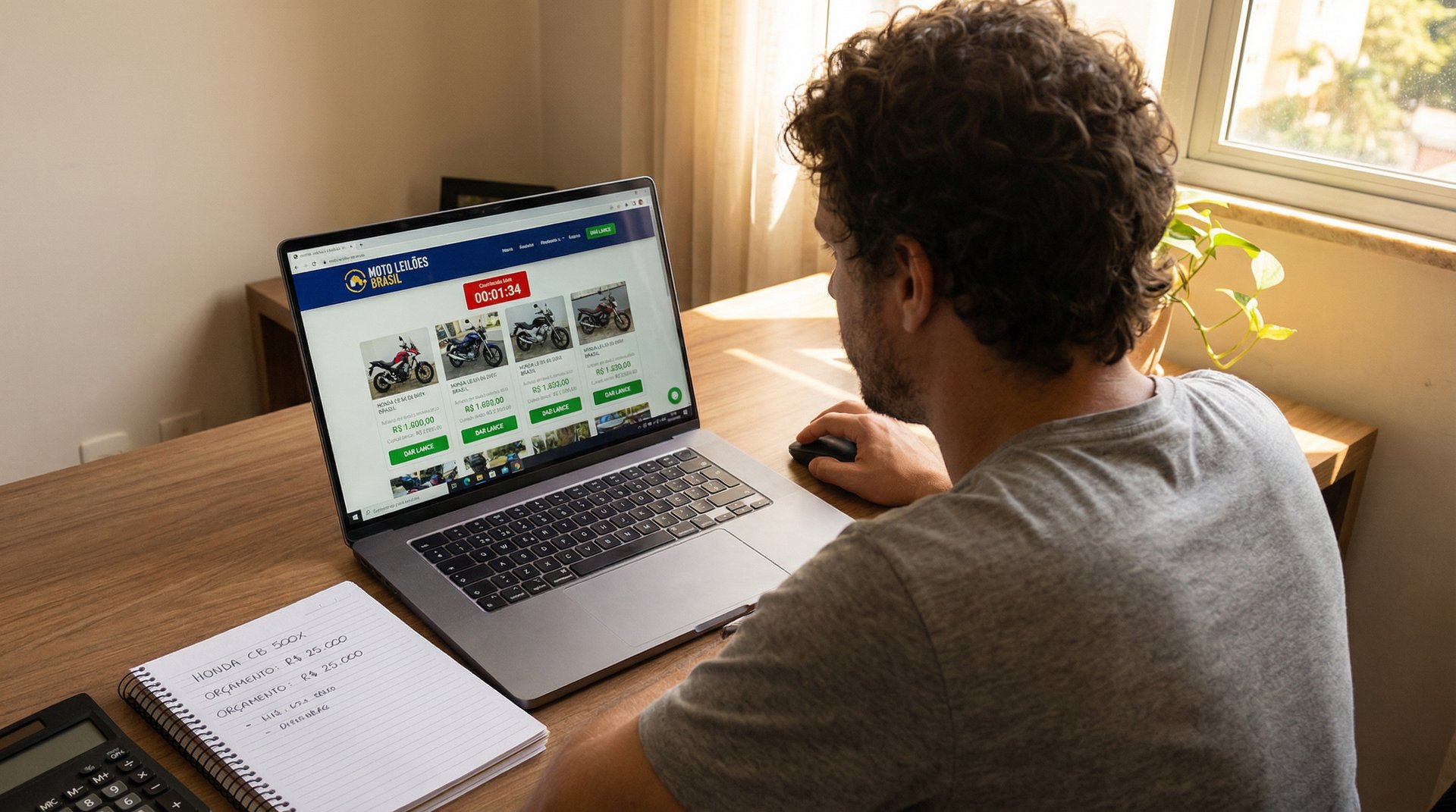 Pessoa participando de leilão online de motos pelo computador com anotações e calculadora