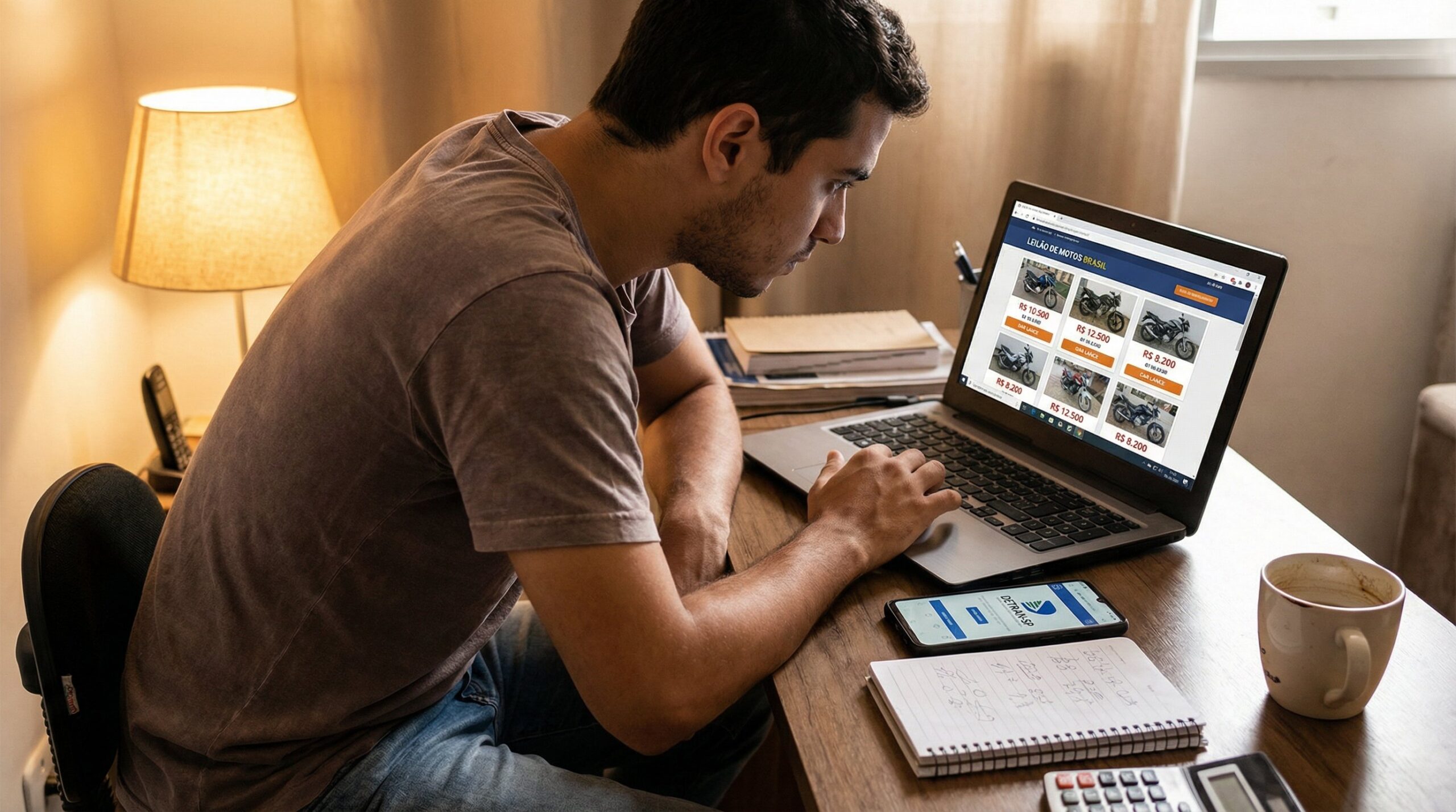 Homem participando de leilão de motos online pelo laptop com lotes de motos e preços na tela e anotações na mesa