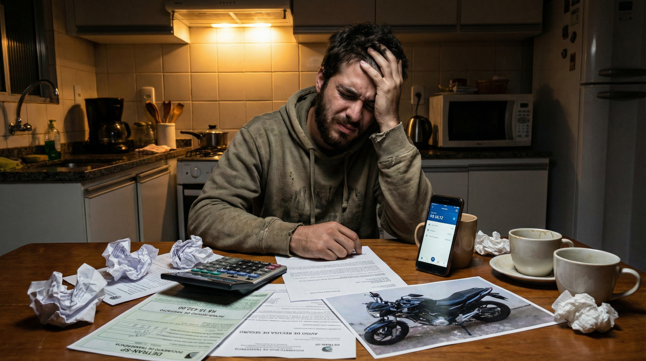 Jovem brasileiro frustrado sentado à mesa com faturas de conserto documentos do DETRAN calculadora e foto de moto representando arrependimento financeiro