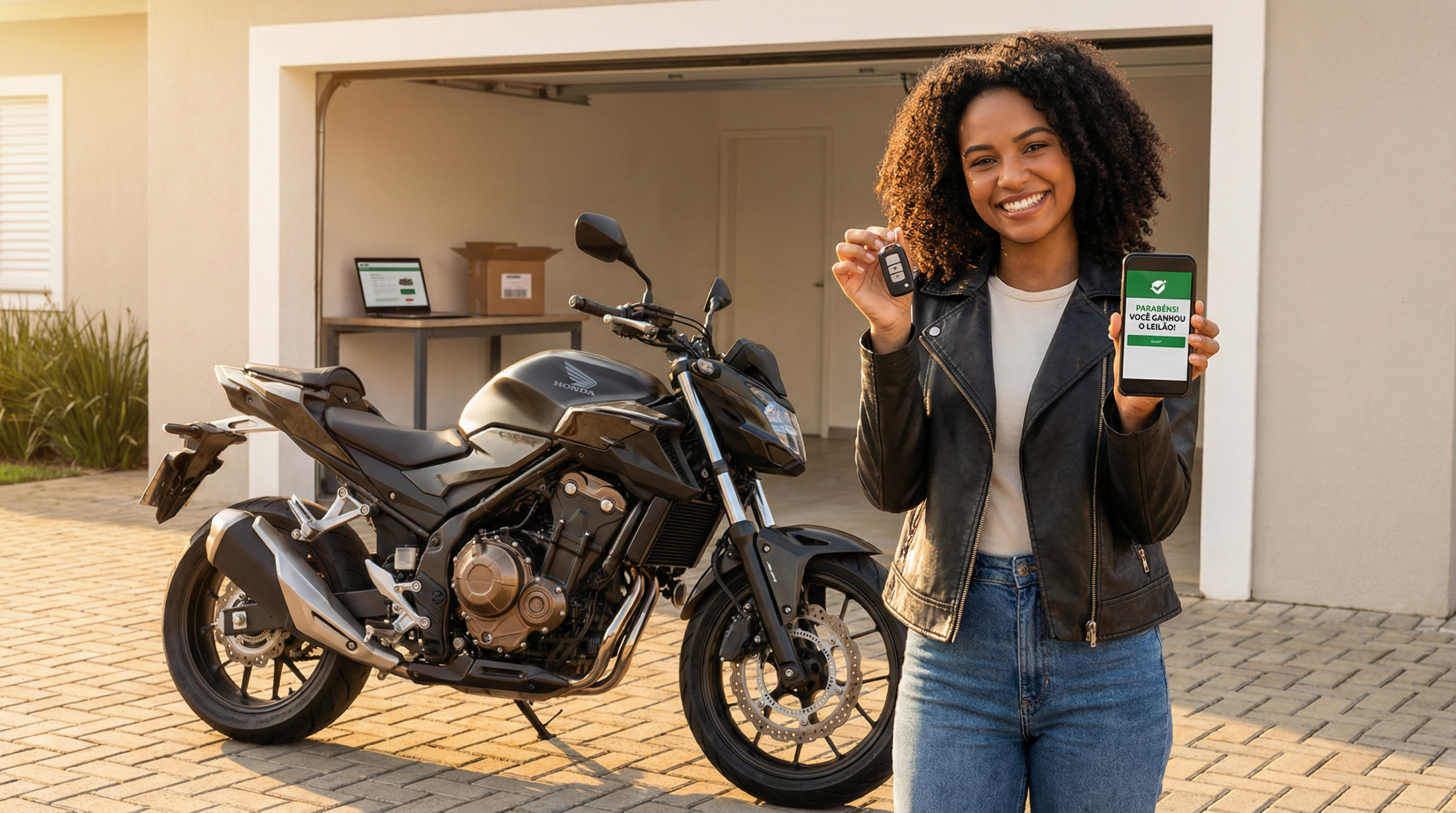 Mulher satisfeita ao lado de moto recém-arrematada em leilão online segurando chaves e celular com confirmação