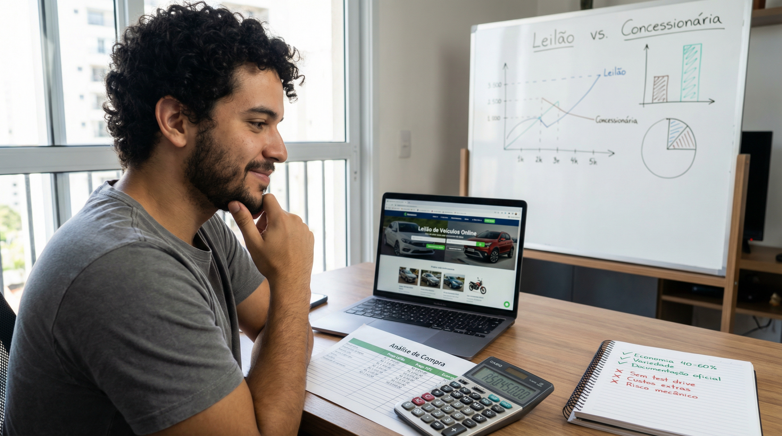 Pessoa analisando prós e contras de comprar veículo em leilão com calculadora e planilha comparativa