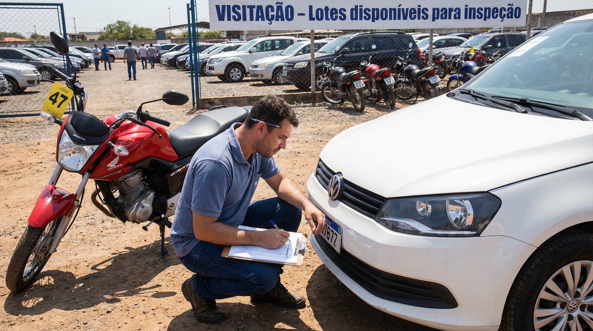 Pessoa avaliando carro e moto em pátio de leilão de veículos retomados durante visitação
