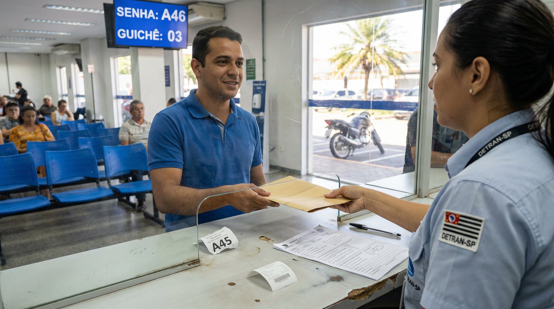Homem brasileiro no balcão do DETRAN entregando envelope com documentos para atendente com crachá DETRAN-SP para regularização de moto de leilão