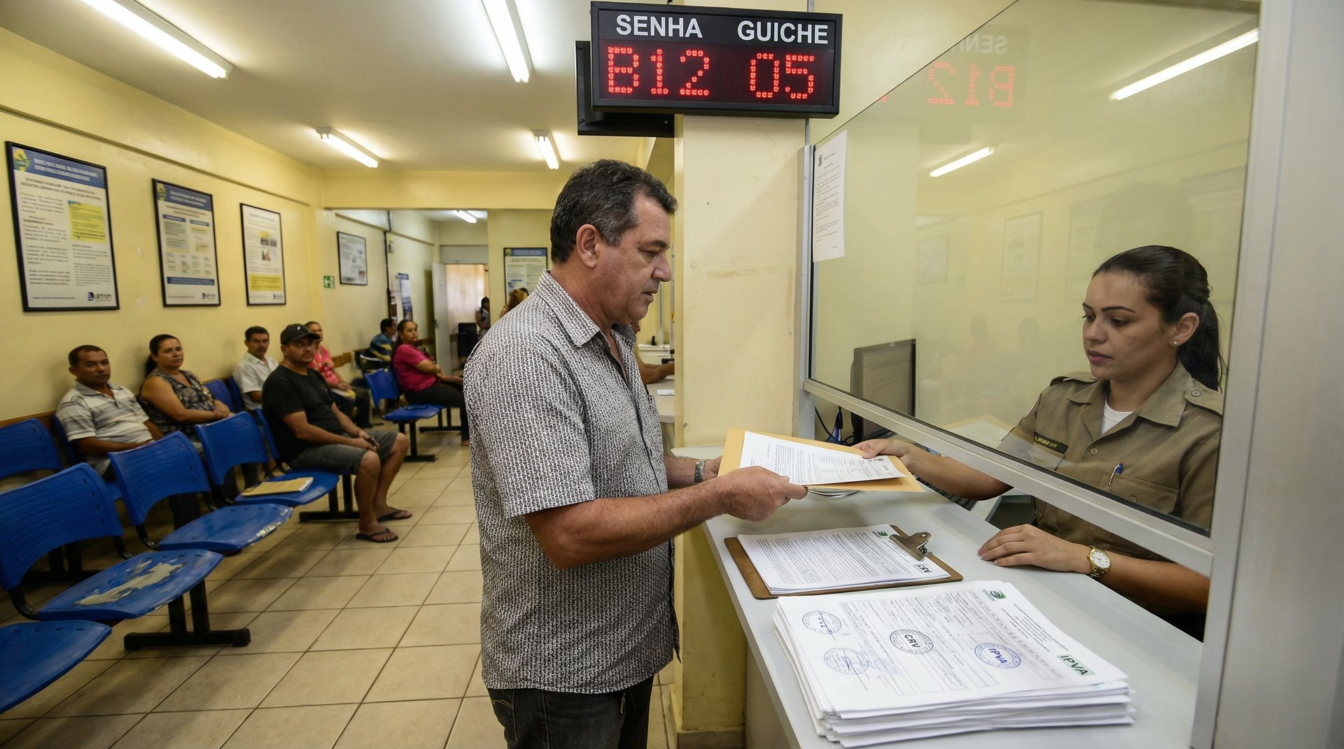 Homem brasileiro no balcão do DETRAN entregando documentos de transferência de veículo de leilão