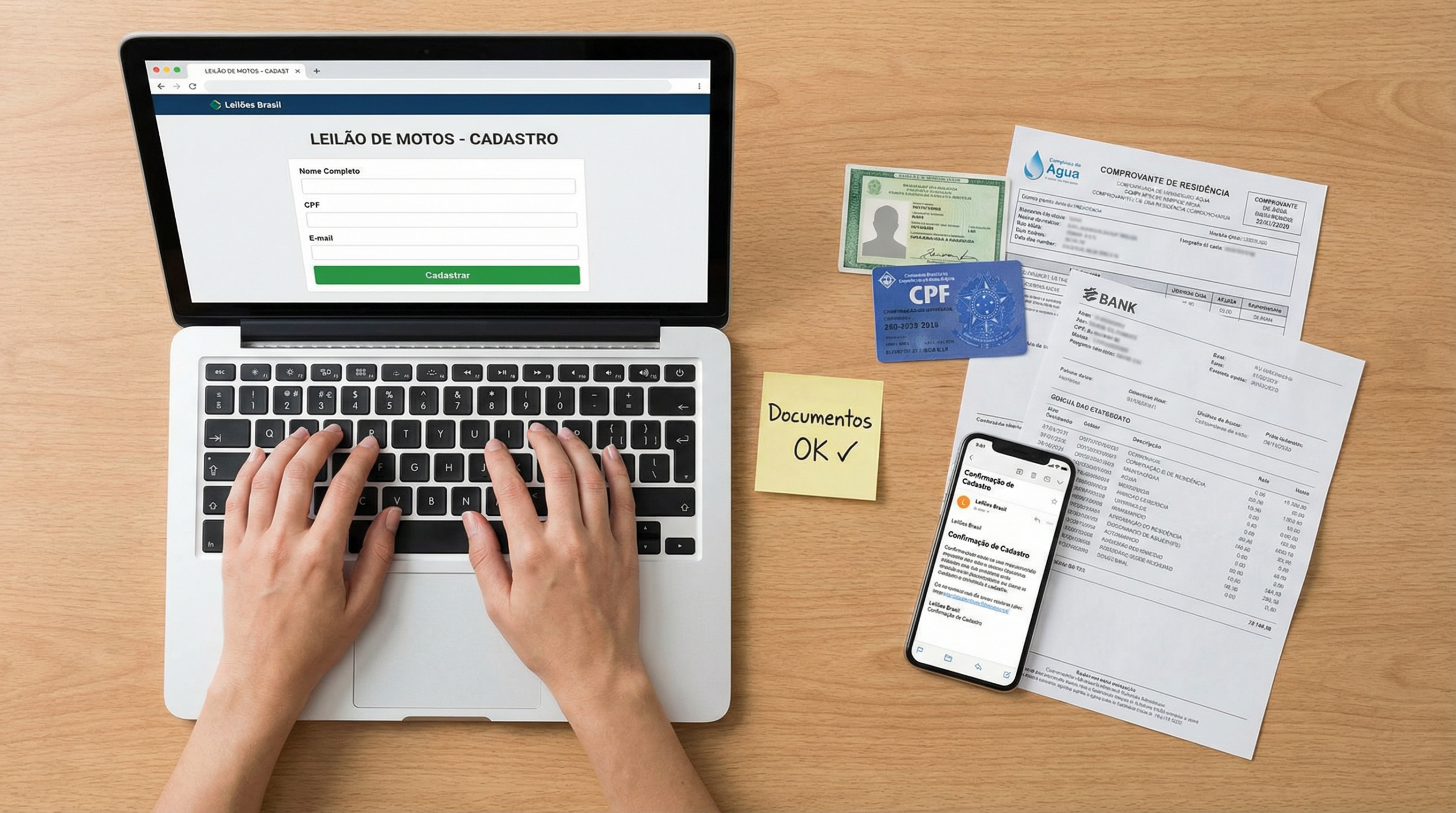 Pessoa fazendo cadastro online em plataforma de leilão de motos com documentos pessoais RG CPF e comprovante de residência organizados ao lado do laptop