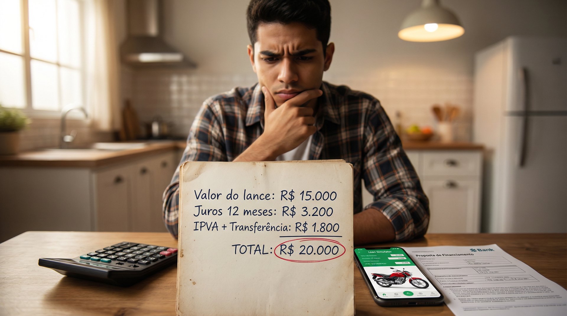 Jovem brasileiro calculando custo total de financiamento de moto de leilão com caderno e calculadora