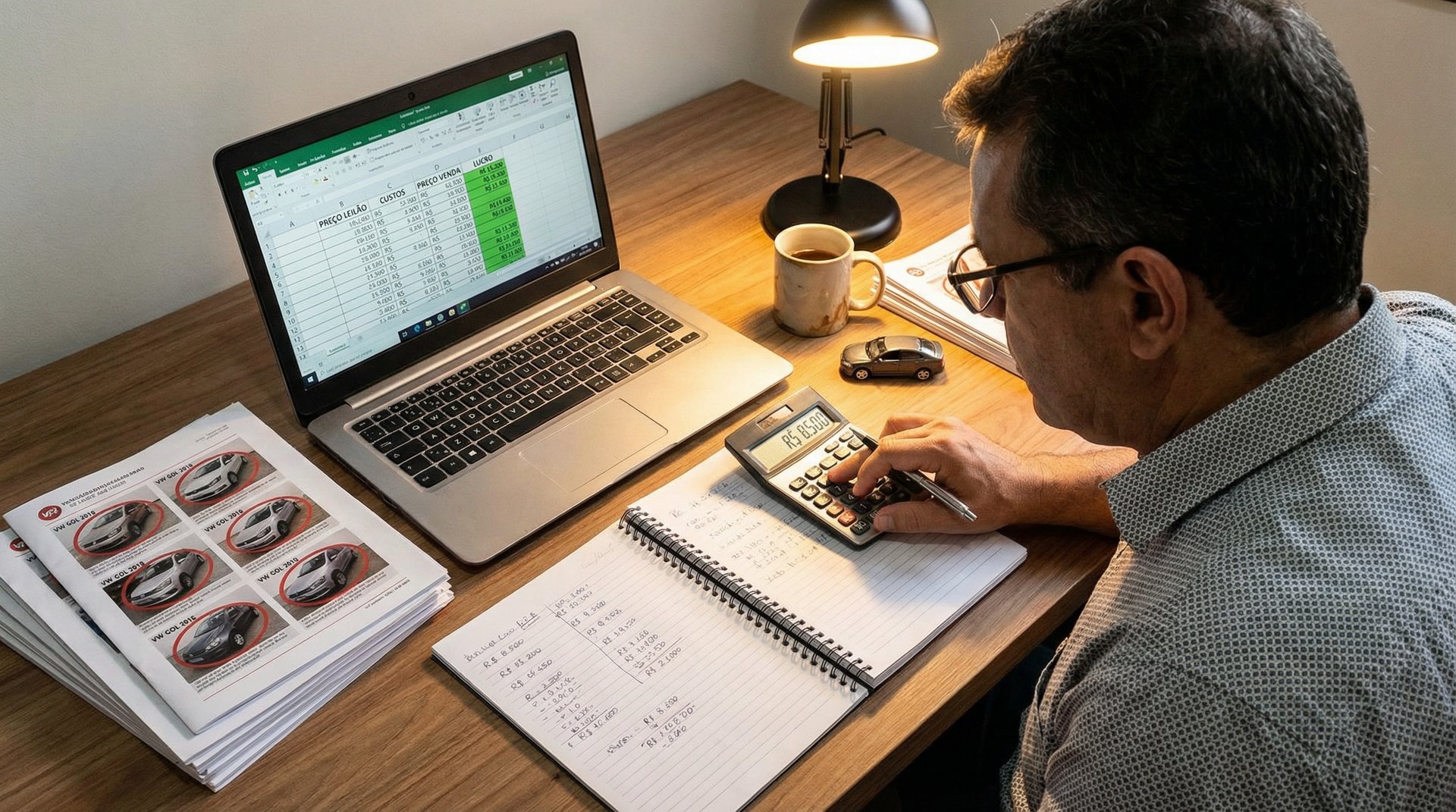 Homem calculando lucro de revenda de veículos de leilão com planilha e catálogos na mesa