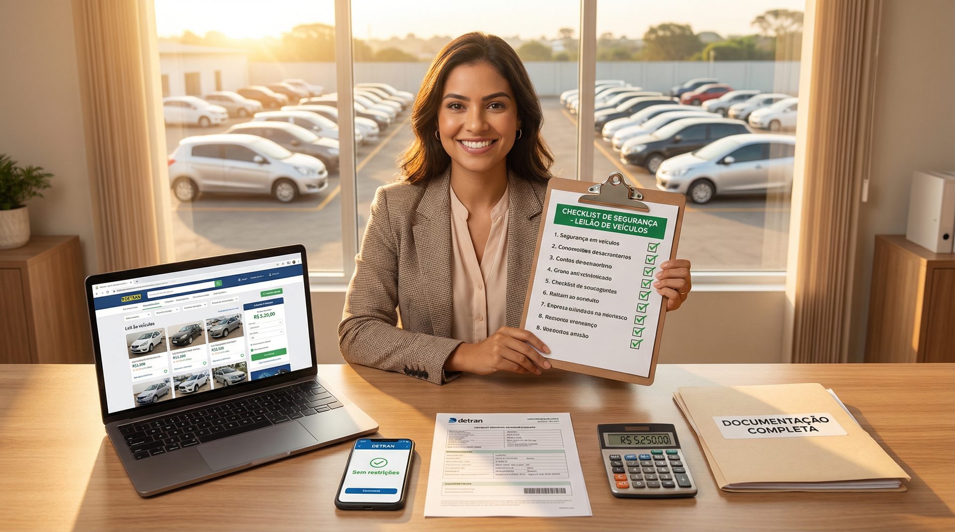 Mulher confiante com checklist de segurança para leilão de veículos no escritório com laptop e consulta DETRAN no celular