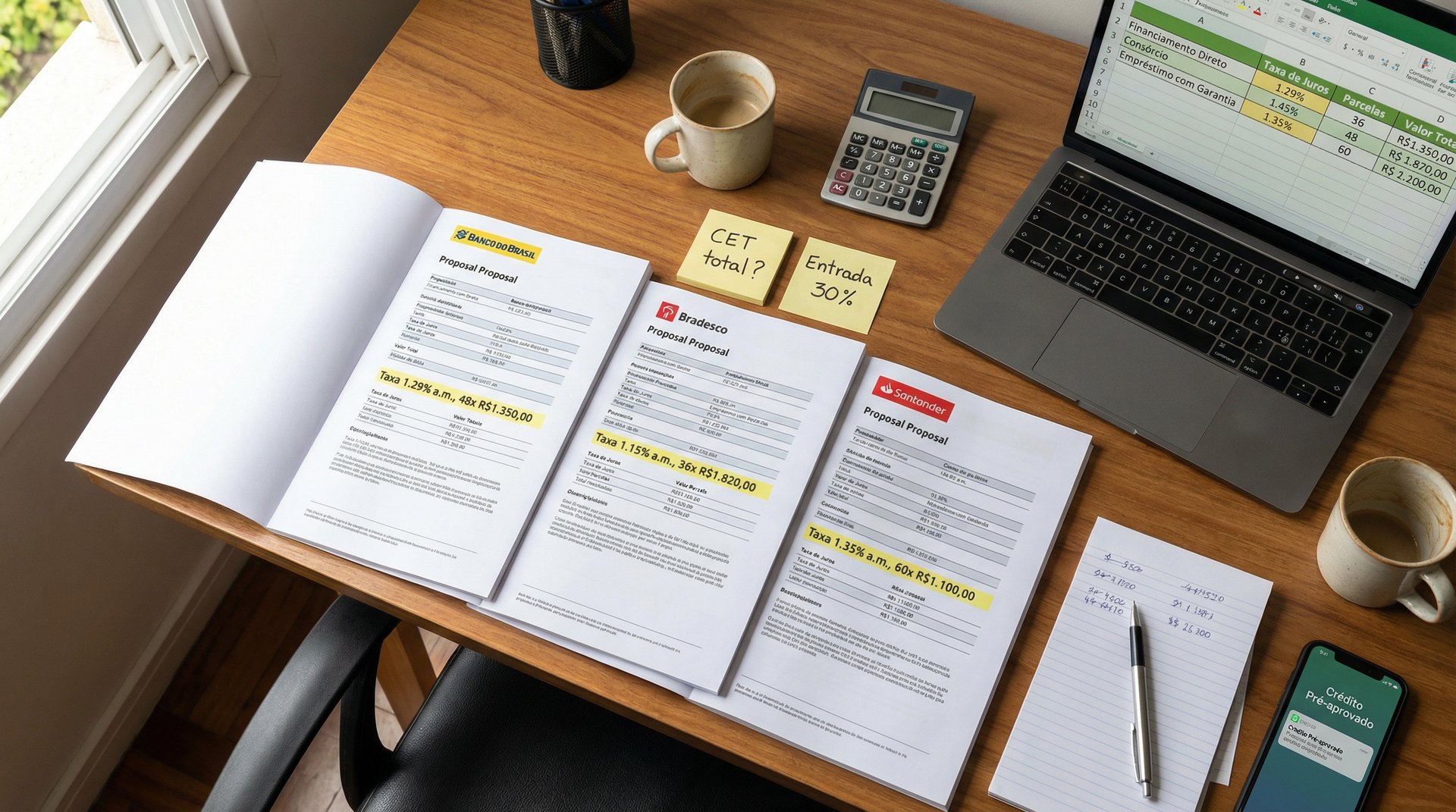 Comparativo de propostas de financiamento de diferentes bancos para veículo de leilão