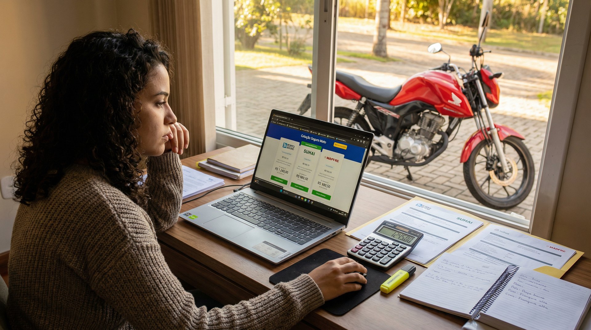 Mulher brasileira comparando cotações de seguro para moto de leilão no laptop com propostas impressas calculadora e Honda CG visível pela janela
