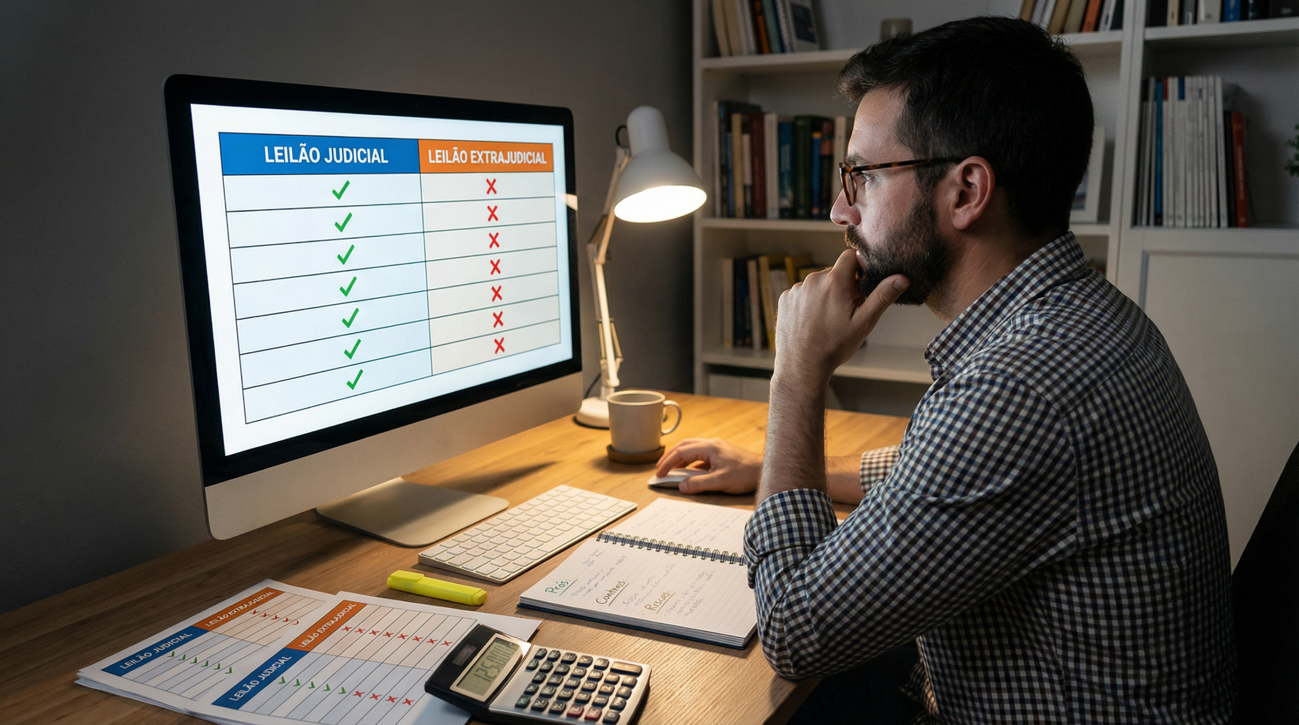 Pessoa analisando tabela comparativa entre leilão judicial e extrajudicial de veículos