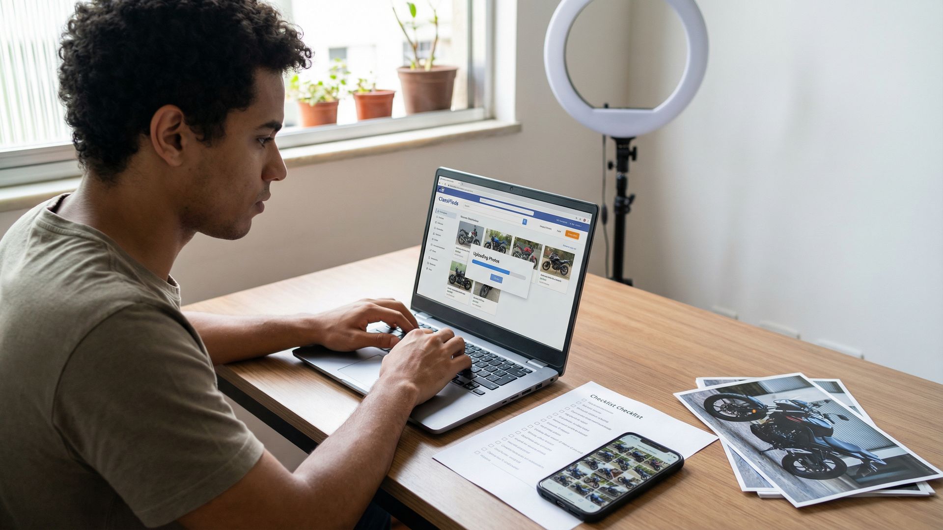 Pessoa criando anúncio de moto de leilão no laptop com fotos profissionais