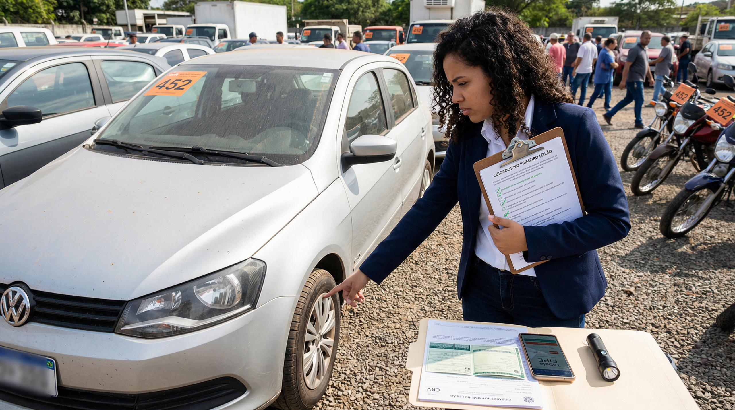 Pessoa preparada para primeiro leilão de veículos com checklist e documentos organizados