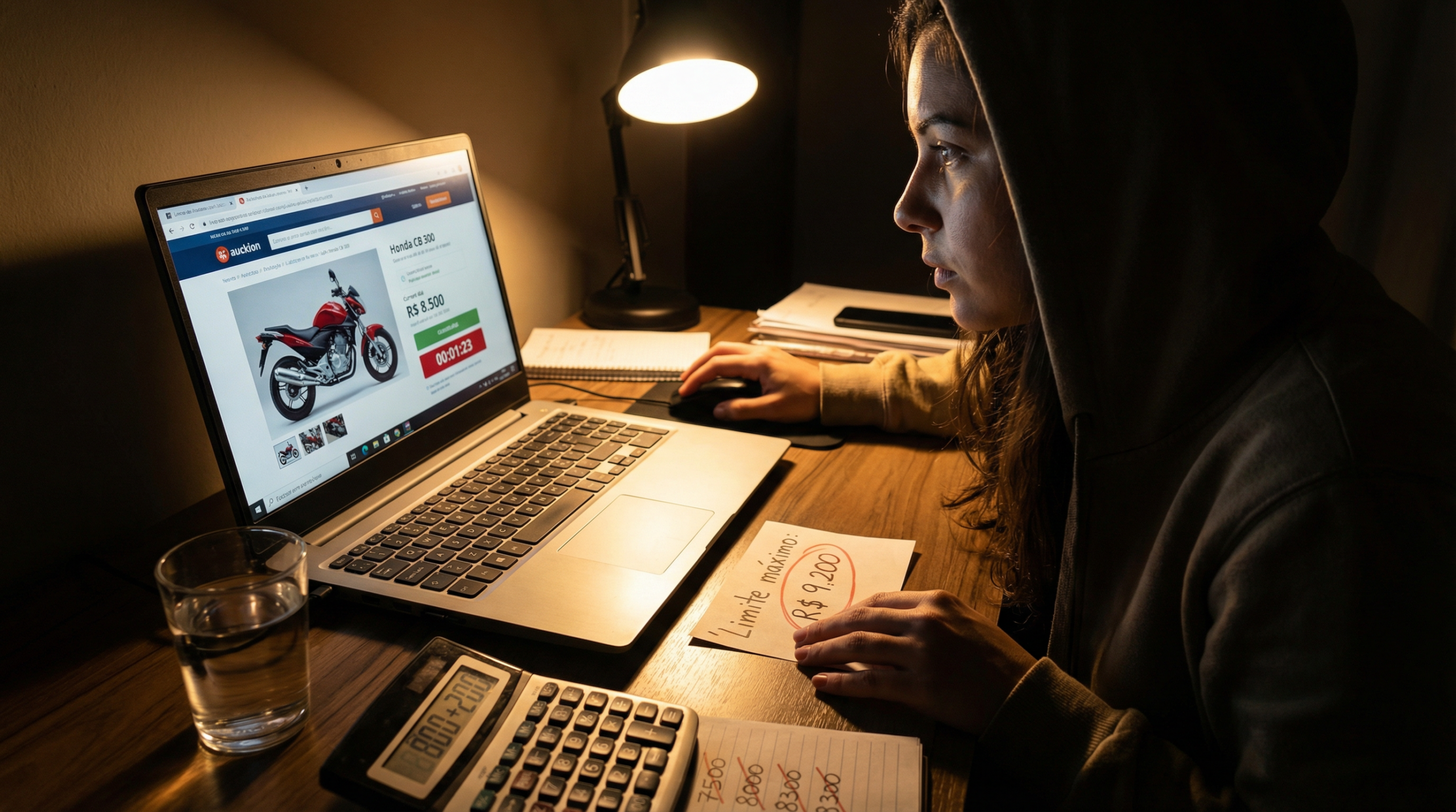 Mulher brasileira concentrada dando lance em leilão online de motos Honda CB 300 com cronômetro na tela e anotação de limite máximo R$ 9.200