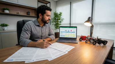 Homem brasileiro analisando comparativo de seguradoras para moto de leilão no escritório