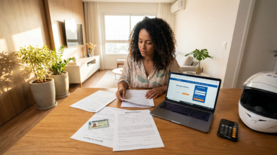Mulher brasileira organizando documentos para cotação de seguro de moto de leilão no laptop