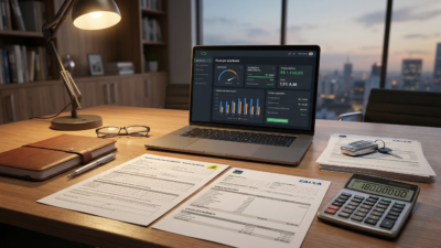 Mesa profissional com laptop exibindo simulação de financiamento veicular, propostas bancárias impressas, chave de carro e calculadora