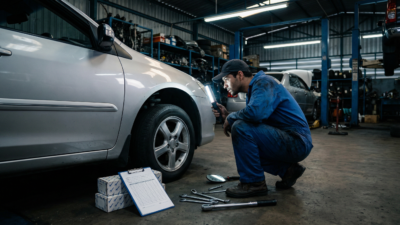 Mecânico brasileiro inspecionando carro de leilão com lanterna e checklist de verificação em oficina profissional