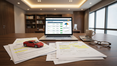 Laptop exibindo comparação de cotações de seguro veicular com propostas impressas, miniatura de carro e calculadora em mesa profissional