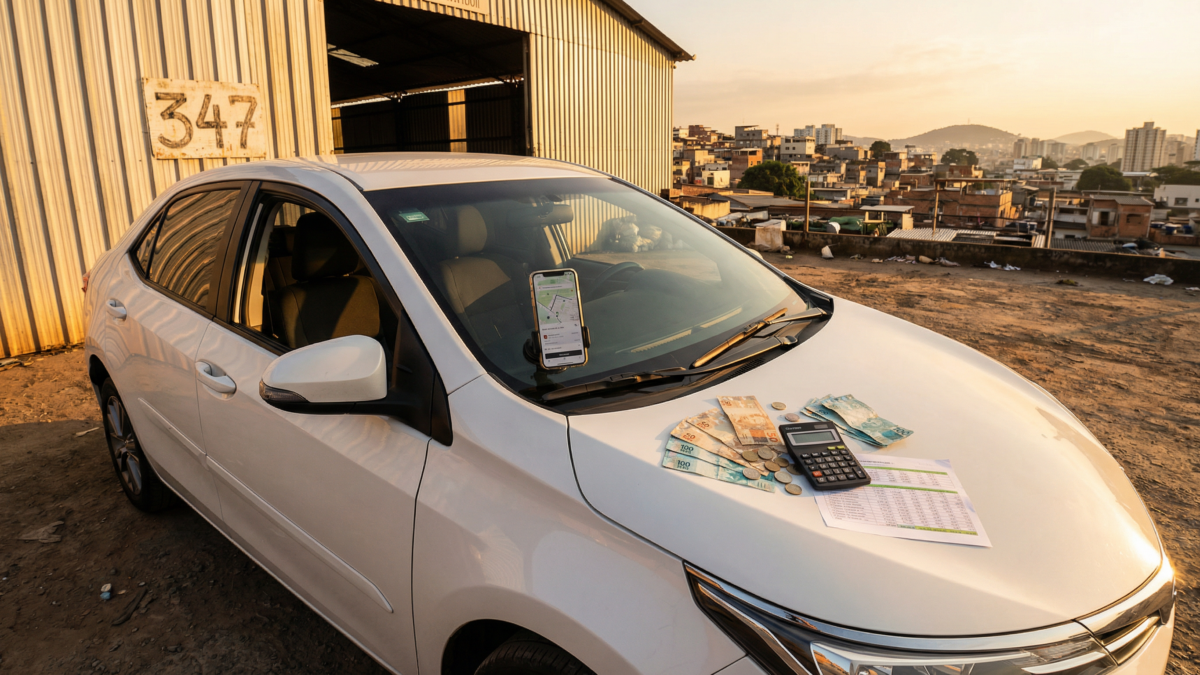 Carro sedan branco de leilão estacionado em pátio com calculadora e notas de reais sobre o capô simulando análise financeira para Uber