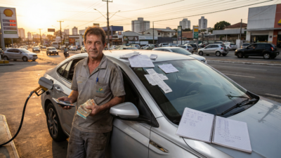 Homem brasileiro ao lado de sedan prata em posto de gasolina segurando calculadora e notas de reais com recibos de despesas no teto do carro