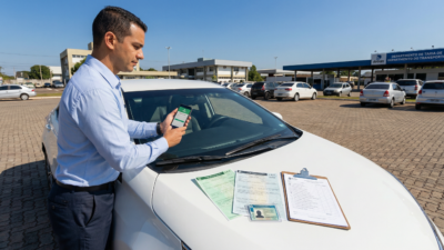 Homem brasileiro segurando smartphone com app de transporte ao lado de sedan branco no estacionamento do DETRAN com documentos CRV e CNH no capô
