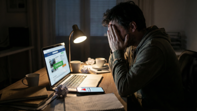 Homem brasileiro desesperado com as mãos na cabeça após cair em golpe de leilão falso de veículos online