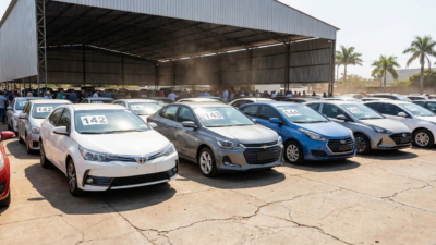 Fileira de sedans populares Toyota Corolla Chevrolet Onix e Hyundai HB20 enfileirados em pátio de leilão brasileiro com placas numeradas