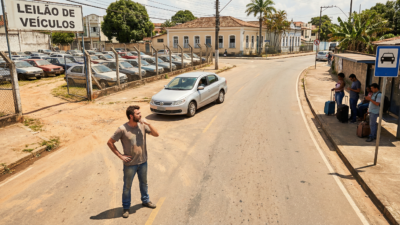 Homem brasileiro em encruzilhada entre pátio de leilão e ponto de embarque de aplicativo com sedan prata