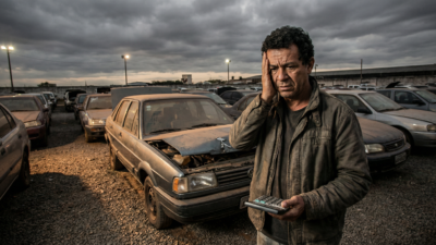 Homem brasileiro preocupado em pátio de leilão segurando calculadora ao lado de carro danificado