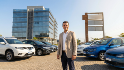 Empresário brasileiro em frente a pátio de revenda com carros polidos para venda
