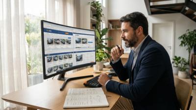 Homem brasileiro em escritório com monitor mostrando vários sites de leilão de carros
