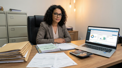 Contadora brasileira na mesa com documentos fiscais calculadora e laptop com software tributário