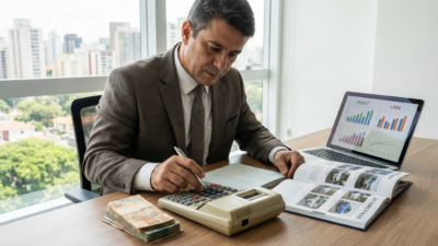 Empresário brasileiro com calculadora notas de reais e laptop com gráficos de lucro
