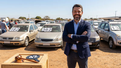 Empresário brasileiro confiante de braços cruzados em pátio de leilão com carros numerados