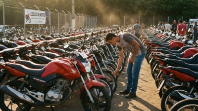 Pátio de leilão com utilitários Fiorino Kangoo Saveiro organizados em fileiras para venda