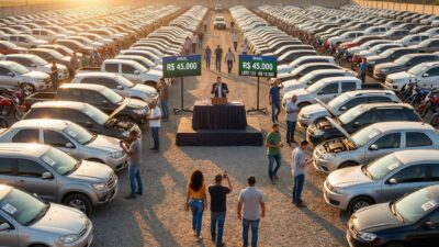 Pátio de leilão de veículos com carros e motos organizados em fileiras e leiloeiro no centro com telas de preços em reais