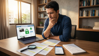 Homem brasileiro verificando site de leilão de veículos no computador com documentos e lupa sobre a mesa